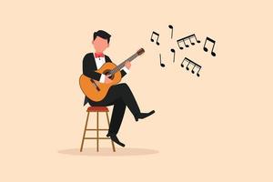 Business flat drawing young man character playing acoustic guitar. Teenage boy musician playing strings at musical performance. Professional musician. Cartoon style graphic design vector illustration