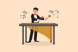 estilo de dibujos animados plano de negocios dibujar hombre jugador de percusión personaje jugar marimba. joven músico masculino tocando el instrumento tradicional de marimba mexicana en el festival de música. ilustración vectorial de diseño gráfico vector