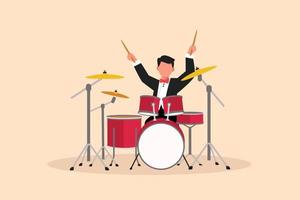 Business design drawing male musician, jazz, rock and roll playing drum instrument, percussion. Music festival, pop concert, wedding party performance. Flat cartoon character style vector illustration