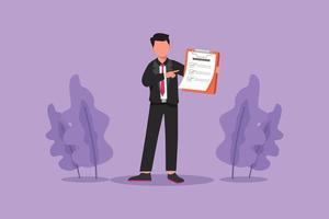 Character flat drawing active businessman standing and pointing to checklist clipboard. Office worker in formal wear. Young employee completed task, questionnaire. Cartoon design vector illustration