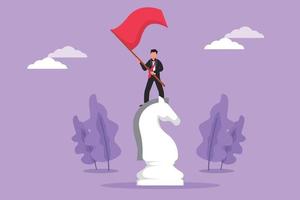 Cartoon flat style drawing happy businessman standing on top of big horse knight chess and waving a flag. Business achievement goal, winning competition. Graphic character design vector illustration