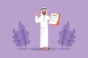 Cartoon flat style drawing Arab businessman standing, holding clipboard and pointing index finger up. Active person keeping file pad in hand. Success business idea. Graphic design vector illustration