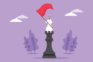 Graphic flat design drawing Arab businessman standing on top of big rook chess, waving a flag. Successful leadership. Success business. Strategy winning competition. Cartoon style vector illustration