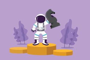 Graphic flat design drawing of young astronaut holding and lifting knight horse chess piece at first champions stage in moon surface. Cosmonaut outer space concept. Cartoon style vector illustration