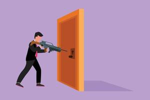 Character flat drawing young businessman pointing shotgun at doorknob. Business breakthrough struggle. The power to succeed or winning competition. Open closed door. Cartoon design vector illustration