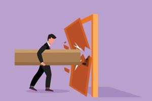 Character flat drawing of young businessman holding large log and destroying door. Overcome business challenges, and destroying obstacles with power and brute force. Cartoon design vector illustration