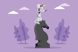 Graphic flat design drawing robot standing on top big horse chess piece using telescope looking for success. Future technology development. Artificial intelligence. Cartoon style vector illustration