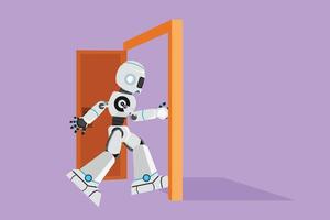 Graphic flat design draw robot enters room through door. Cyborg walking to opened door. Starting new day at factory. Technology development. Artificial intelligence. Cartoon style vector illustration