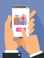 2 male Hands in suit holding smartphone with gift boxes on the screen. Finger touch the buy button. Holiday online shopping concept. Online Shop Marketplace. Vector cartoon flat illustration.