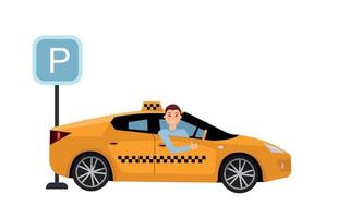 Smiling young taxi driver inside his car.Taxi service on parking lot. Friendly taxi driver at the wheel of car. Side view of Right-hand drive car.Vector flat cartoon illustration on white background vector