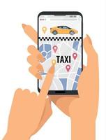 Female hands holding mobile phone with taxi app. City map with picture of taxi car and geolocation signs on screen.Taxi service. Hand push touchscreen and choose a car.Vector flat cartoon illustration vector