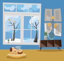 Window overlooking winter snow-covered trees. Winter interior sleeping cat and dog, shelf, vase with branches in blue and yellow colors. Nonparallel objects. Snow weather outside. Flat cartoon vector