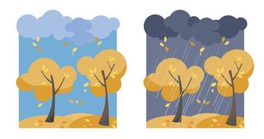 Autumn yellow trees with flying leaves. A set of two non-parallel pictures with a view of good sunny weather and a rainy evening. Flat cartoon vector illustration.