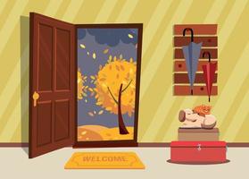 The interior hallway with the door open, a coat rack with umbrellas and sleeping dog and a cat on the suitcases. Outside very night and yellow trees. Flat cartoon style vector illustration.