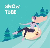 Vector cartoon flat girl in hat sledging along the slope with fir trees at inflatable tube, snowtubing outdoors in winter with long hairs. Young woman sledding on snow rubber tube. Winter activity