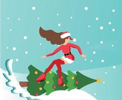 Flat illustration in vector slender girl in traditional suit of Santa Claus snowboards on new year's decorated Christmas tree. Handwritten Christmas is coming. Greeting card with place for text.