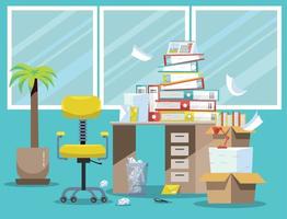 Period of accountants and financier reports submission. Pile of paper documents and file folders in cardboard boxes on office table. Flat vector illustration windows, chair and waste-basket