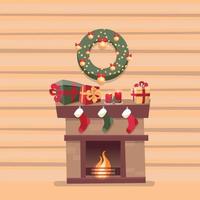 Room interior with Christmas fireplace with socks, decorations, gift boxes, candeles, socks and wreath on background of a wooden log wall. Cute flat cartoon style vector illustration.