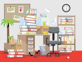 Evening Period of accountants and financier reports submission. Pile of paper documents and file folders in cardboard boxes on office table. Flat vector illustration windows, chair and waste-basket