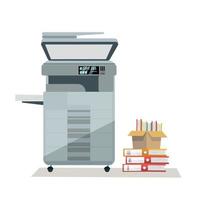 Large grey office floor multifunction printer scanner copier with pile of documents in cardboard boxes. on white background. Flat cartoon vector illustration.