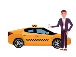 Smiling young businessman in a suit calls a taxi by a mobile phone. Side view of modern yellow taxi car on white background. City transtort concept. Vector flat cartoon illustration