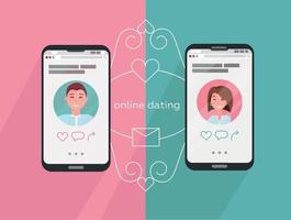 Online dating man and woman app icons on phone screen. Internet connection between couple and their smartphones. Profiles of a guy and a girl on the phone screens. Flat cartoon vector illustration