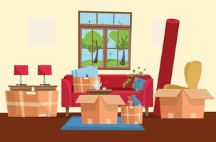 Moving concept of home interior with Paper cardboard boxes. Moving boxes in new house. Family relocated to new home. Package for transportation.Vector flat cartoon style illustration vector