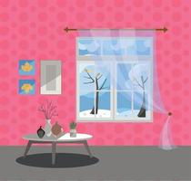 ventana con vista a árboles nevados y copos de nieve voladores. interior de invierno con mesa baja, jarrones, tul, papel pintado rosa. soleado buen tiempo afuera. ilustración de vector de estilo de dibujos animados plana.