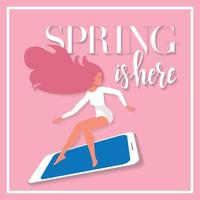 Lettering Spring is here on card with girl on big smartphone in a hurry to spring sale. Discount banner for advertising. Square flat vector illustration in on pink background with board