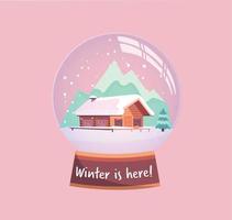 Winter is here snow globe with a small house, mountains and fir-tree under the snow. New Year gift. Winter snowy landscape with snowflakes flat vector illustration in pink mint colors