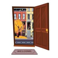 Open door into autumn rain city evening view with yellow trees. Door mat in room. Flat cartoon style vector illustration. Three-four-story uneven colorful houses, foliage. Street cityscape.