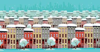 winter cityscape panorama. Three rows of two-storey and three-story houses and the silhouette of a business center in the distance. There is snow, the trees are powdered. Flat vector cartoon.