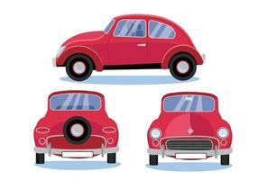 automóvil retro rojo ambientado en tres vistas diferentes vista lateral - frontal - trasera. lindo vehículo con faros redondos y techo redondo sobre fondo blanco. ilustración de vector de estilo de dibujos animados plana