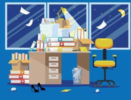 Nitht Period of accountants and financier reports submission. Pile of paper documents and file folders in cardboard boxes on office table. Flat vector illustration windows, chair and waste-basket