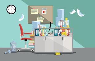 Period of accountants and financier reports submission. Pile of paper documents and file folders in cardboard boxes on office table. Flat vector illustration windows, red chair, waste-basket, clock