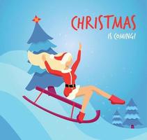 Flat cartoon vector illustration blond slender girl in traditional costume of Santa Claus slides down the hill on a red sled with christmas tree. Handwritten christmas is coming Greeting card.
