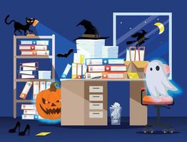 Work place on holiday Halloween in blue color . Flat illustration of office room interior with pumpkin, glowing ghost, even cat, witch hat and Pile of paper documents, file folders in boxes on table vector