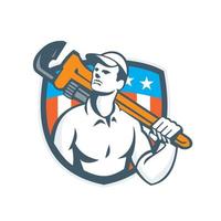 Plumber Holding Wrench USA Flag Retro vector