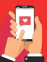 Sending love message concept.Two Male Hands in suit holding phone with heart, send button on screen. Finger touch screen. Vector flat cartoon illustration for ad,web sites,banners, infographics design