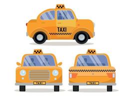 Set of 3 Front, back and side views of Taxi Car. Yellow funny cute city vehicle, branding taxicab. Collection of 3 Diverse views. Vector flat cartoon isolated illustration On White Background