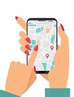 manos femeninas sosteniendo un teléfono inteligente con un mapa de calles de la ciudad en la pantalla. concepto de transporte de coches en línea. el dedo presiona el botón de geolocalización. navegador gps concepto de navegación móvil vector de dibujos animados plana