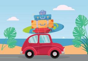 Little red retro car rides from the sea with stack of suitcases on roof. Flat cartoon vector illustration. Car side View With surfboard and baggage. Southern landscape with sand, leaves of Monstera
