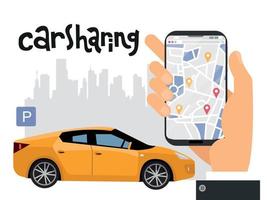 concepto de transporte móvil de la ciudad, uso compartido de automóviles en línea con un teléfono inteligente de mano masculino. mapa de la ciudad con señales de geolocalización en la pantalla. letras carsharing.vector ilustración de dibujos animados plana vector