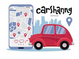 Car Sharing. Short Trips for Family Inside City. Carsharing concept of small sity car and big mobile phone to rent a car via car sharing service. Vector flat cartoon illustration