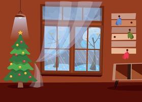 el interior del pasillo en tonos marrones con una gran ventana con vistas al paisaje invernal y a los árboles nevados. en la habitación hay mesa, percha, manoplas, árbol de navidad, luz de techo. vector de dibujos animados plana