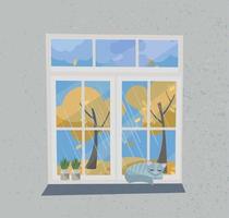 Autumn view from the window. Closed white window overlooking Indian summer, flying foliage, yellow trees. On the windowsilll plants in pots and sleeping cat. Flat cartoon style vector illustration.