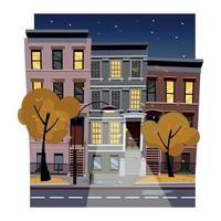 Vector flat cartoon illustration of the historic urban area. City street landscape at night.