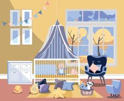 Newborn kid nursery room interior flat vector illustration of bedroom furniture. Childrens room with toys, chest of drawers with changing board, easy chair, bed with boy, window with autumn landscape
