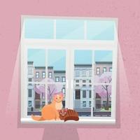 Pink textural wall with a large white window. Outside the window is a city street with low houses and flowering spring trees. Two cats sit on the windowsill. Flat cartoon style vector illustration