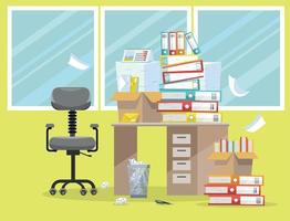 Period of accountants and financier reports submission. Pile of paper documents and file folders in cardboard boxes on office table. Flat vector illustration windows, chair and waste-basket